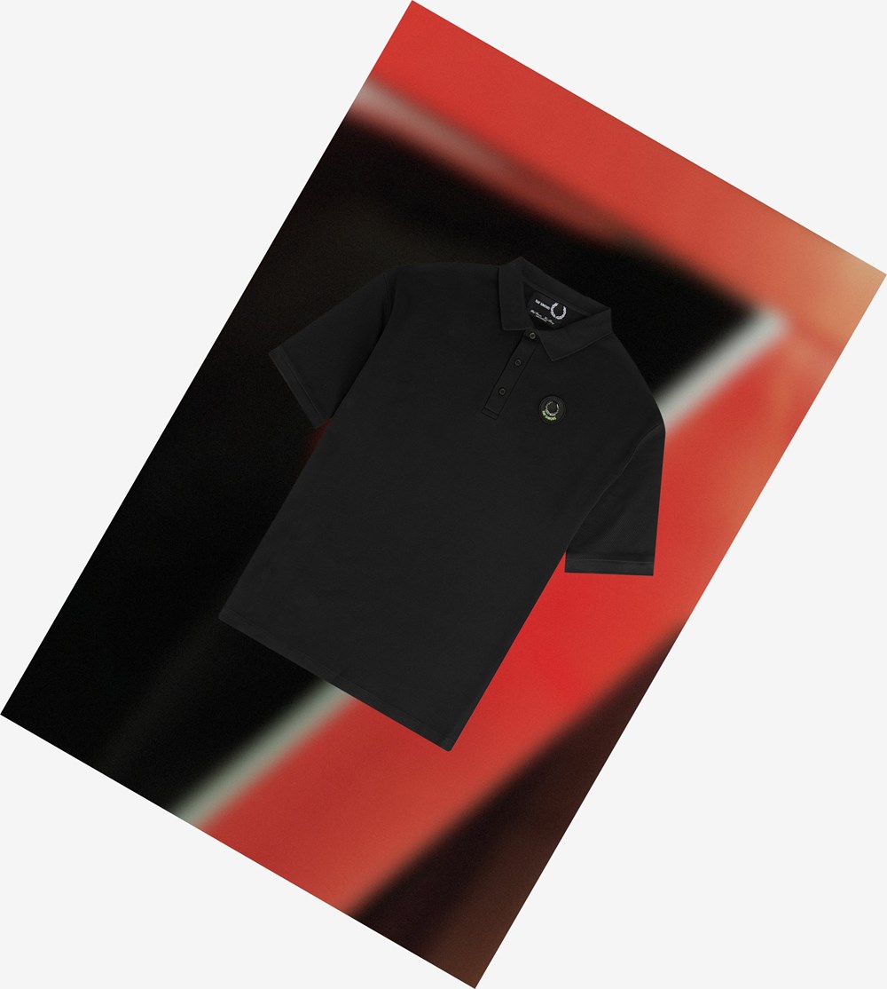 Black Fred Perry Raf Simons Oversized Printed Men's Polo Shirts | QARFI-5864