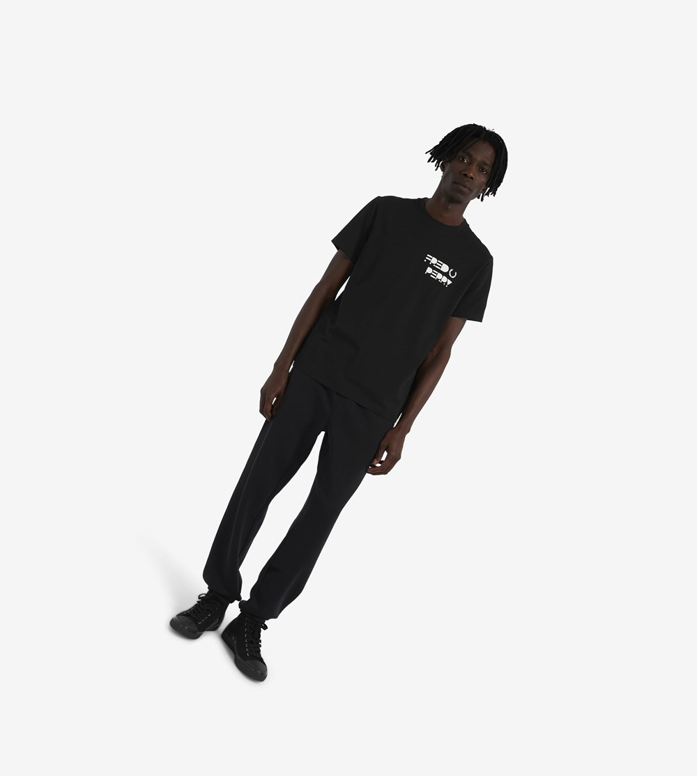 Black Fred Perry Raised Graphic Men's T Shirts | AFBWH-4351