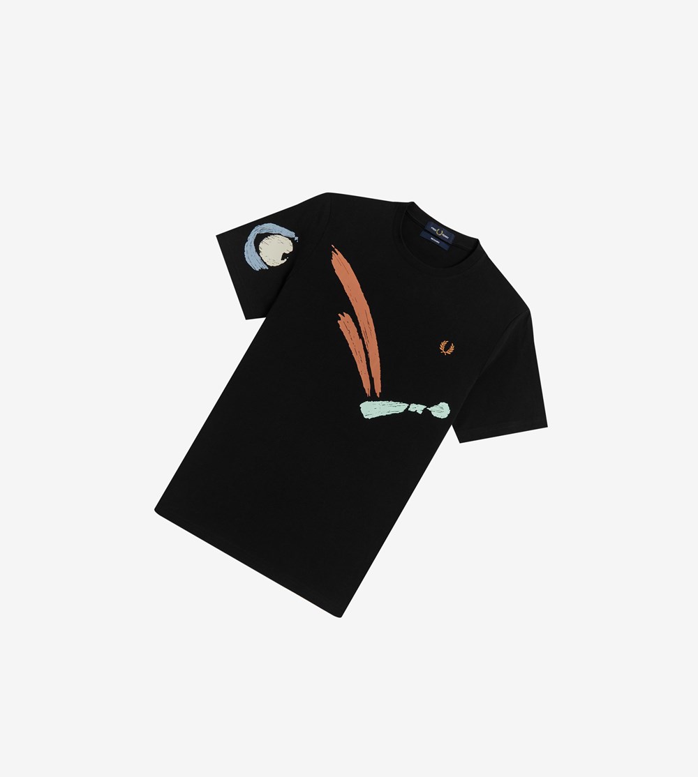 Black Fred Perry Reissues Abstract Bouncing Ball Men's T Shirts | VJMUL-2169