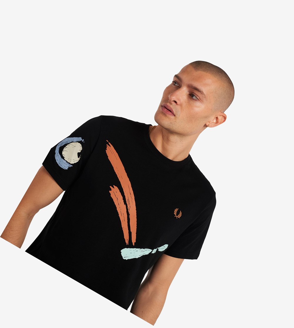 Black Fred Perry Reissues Abstract Bouncing Ball Men's T Shirts | VJMUL-2169