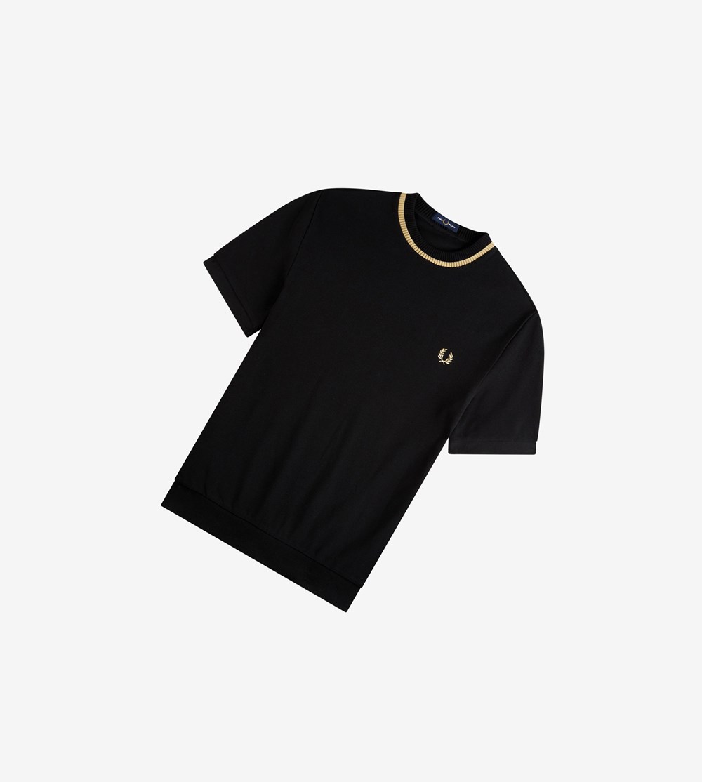 Black Fred Perry Reissues Crew Neck Piqué Men's T Shirts | RJCEG-9345