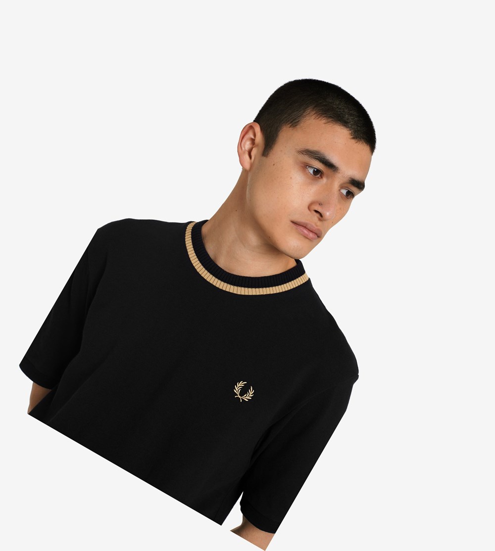 Black Fred Perry Reissues Crew Neck Piqué Men's T Shirts | RJCEG-9345