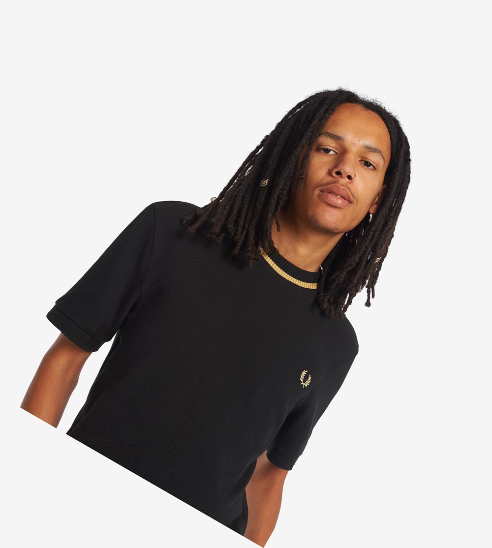 Black Fred Perry Reissues Crew Neck Piqué Men's T Shirts | RJCEG-9345