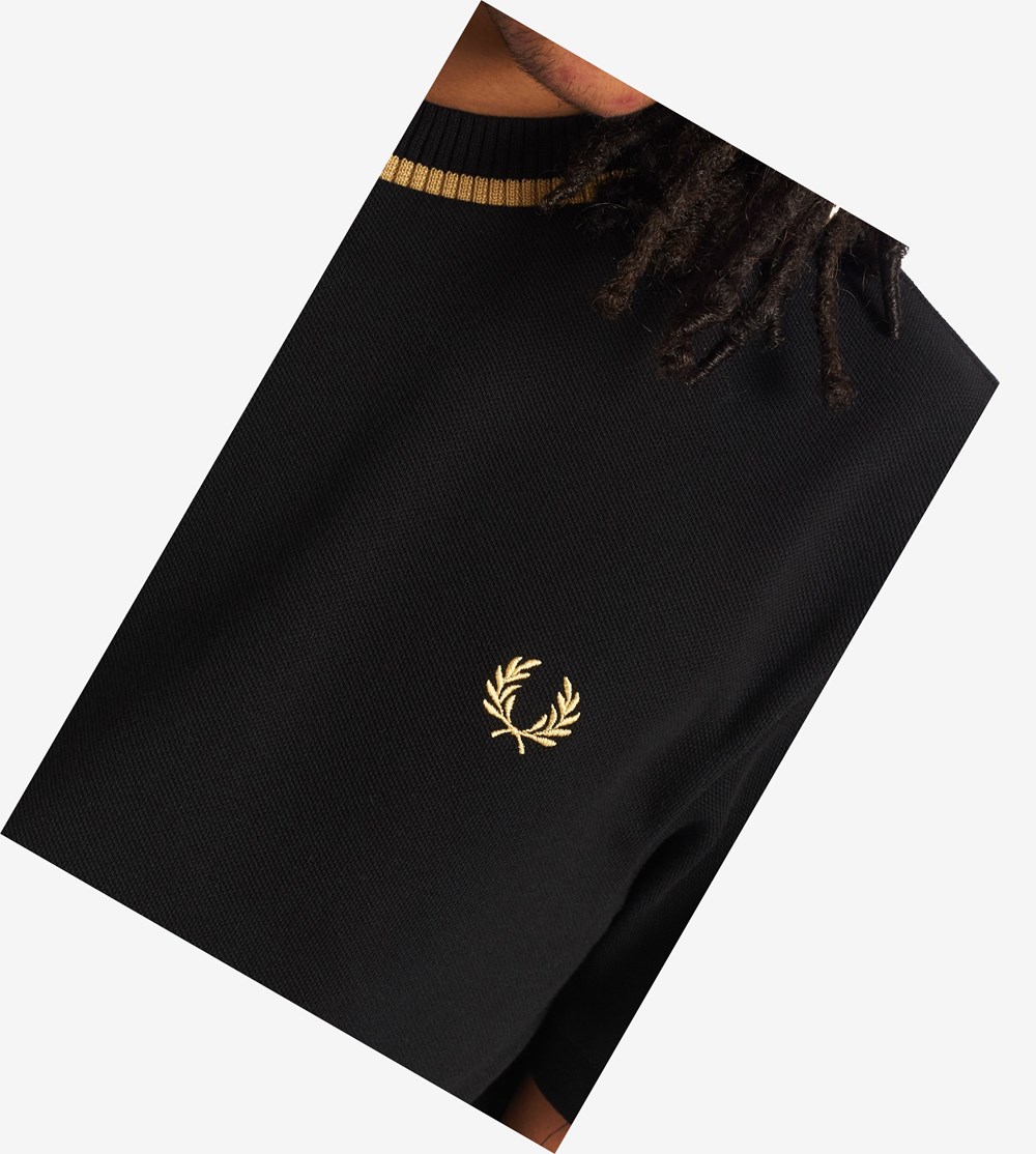 Black Fred Perry Reissues Crew Neck Piqué Men's T Shirts | RJCEG-9345