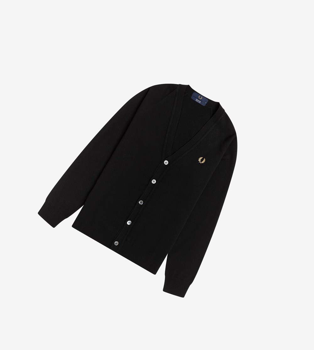 Black Fred Perry Reissues Lambswool Cardigan Men's Knitwear | LUONS-4206