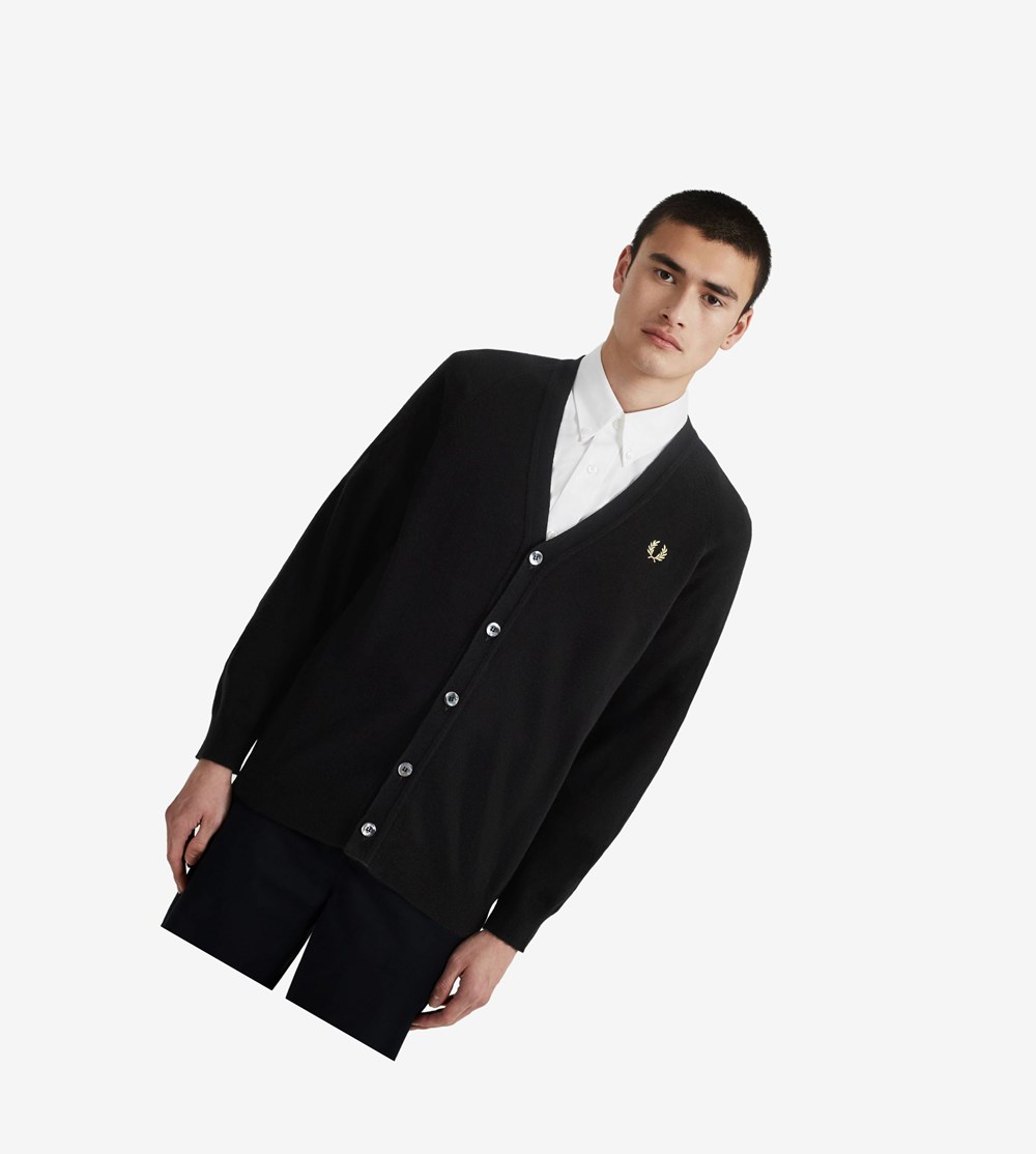 Black Fred Perry Reissues Lambswool Cardigan Men's Knitwear | LUONS-4206