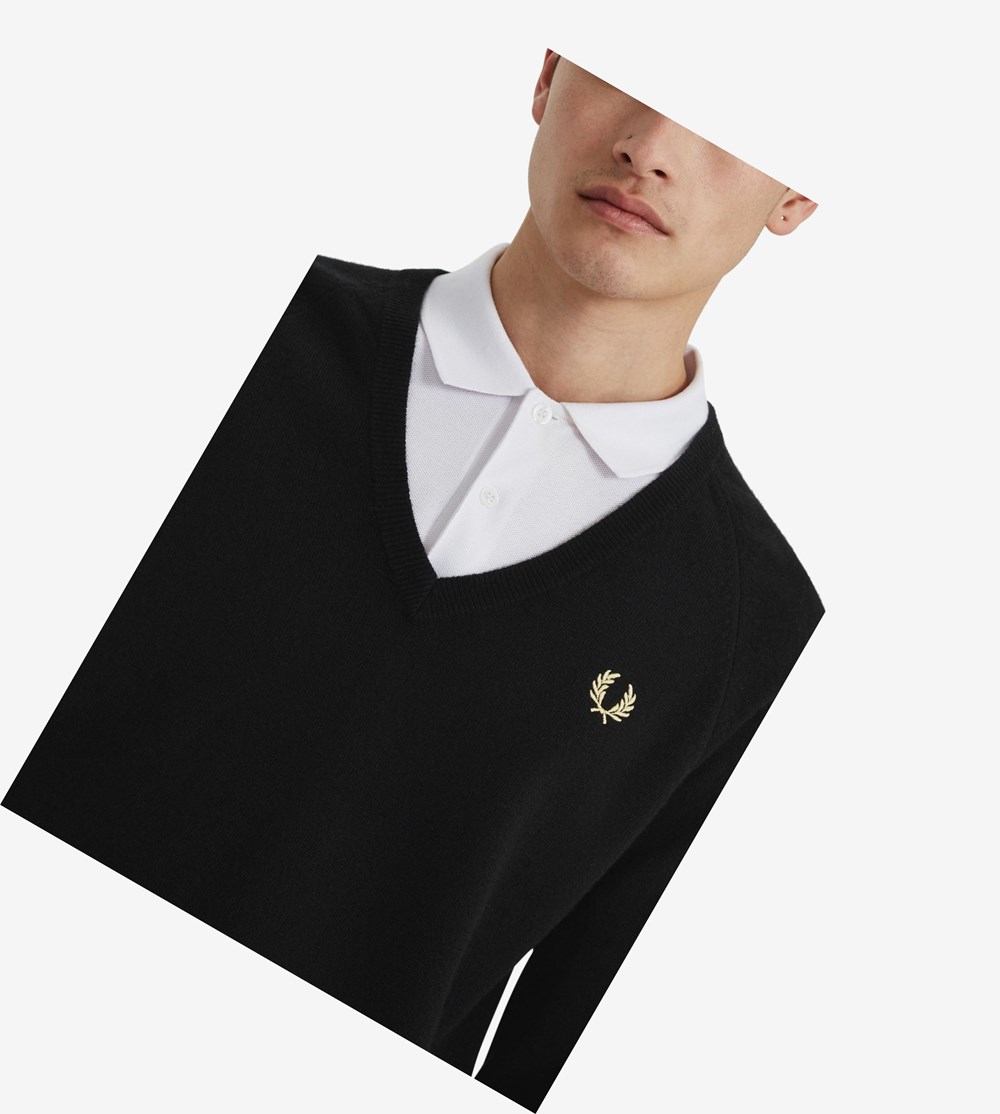 Black Fred Perry Reissues Lambswool V-Neck Jumper Men's Knitwear | LOIXP-4679