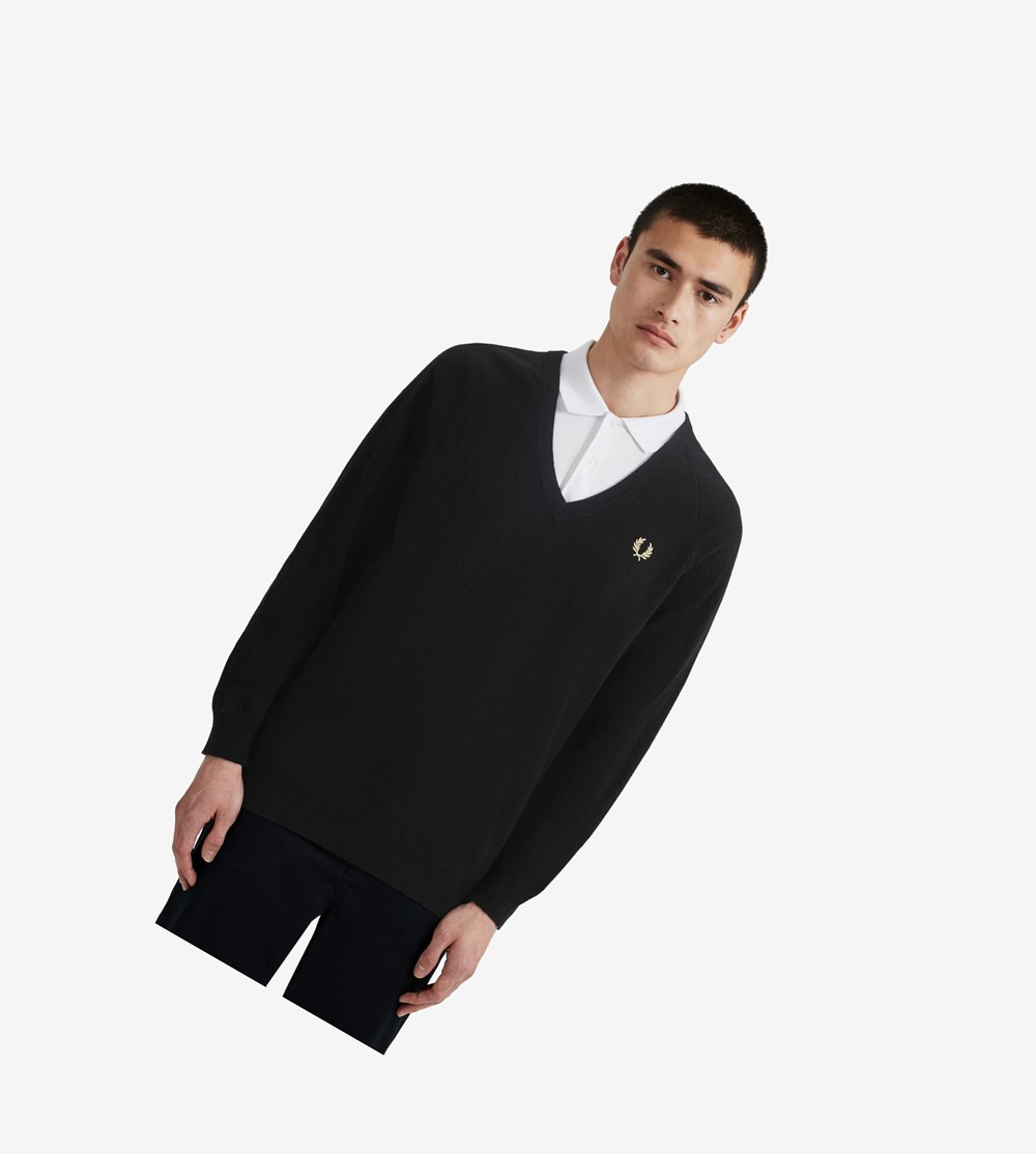 Black Fred Perry Reissues Lambswool V-Neck Jumper Men's Knitwear | LOIXP-4679