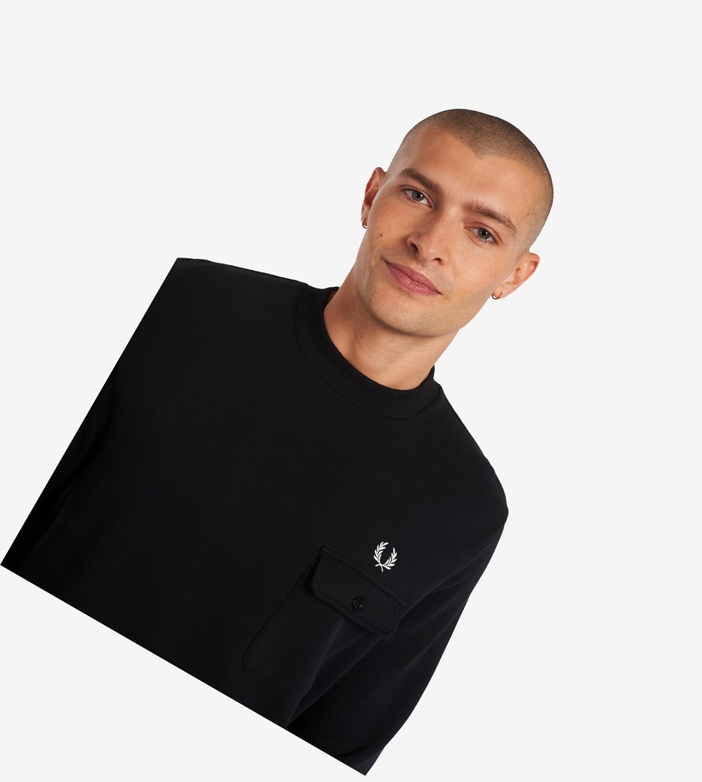 Black Fred Perry Reissues Pocket Detail Men's Sweatshirt | OMZUX-2435