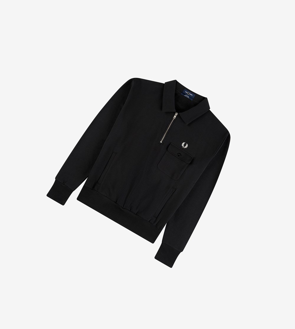 Black Fred Perry Reissues Pocket Detail Half Zip Men's Sweatshirt | SFMKR-8150