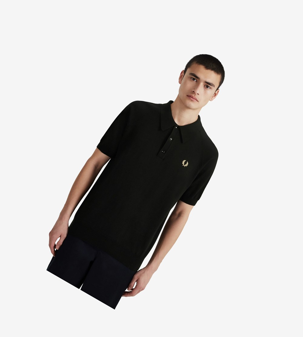 Black Fred Perry Reissues Raglan Sleeve Knitted Shirt Men's Knitwear | YCTNK-7361