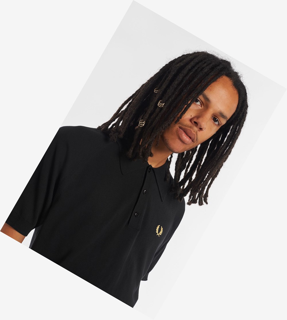 Black Fred Perry Reissues Raglan Sleeve Knitted Shirt Men's Knitwear | YCTNK-7361