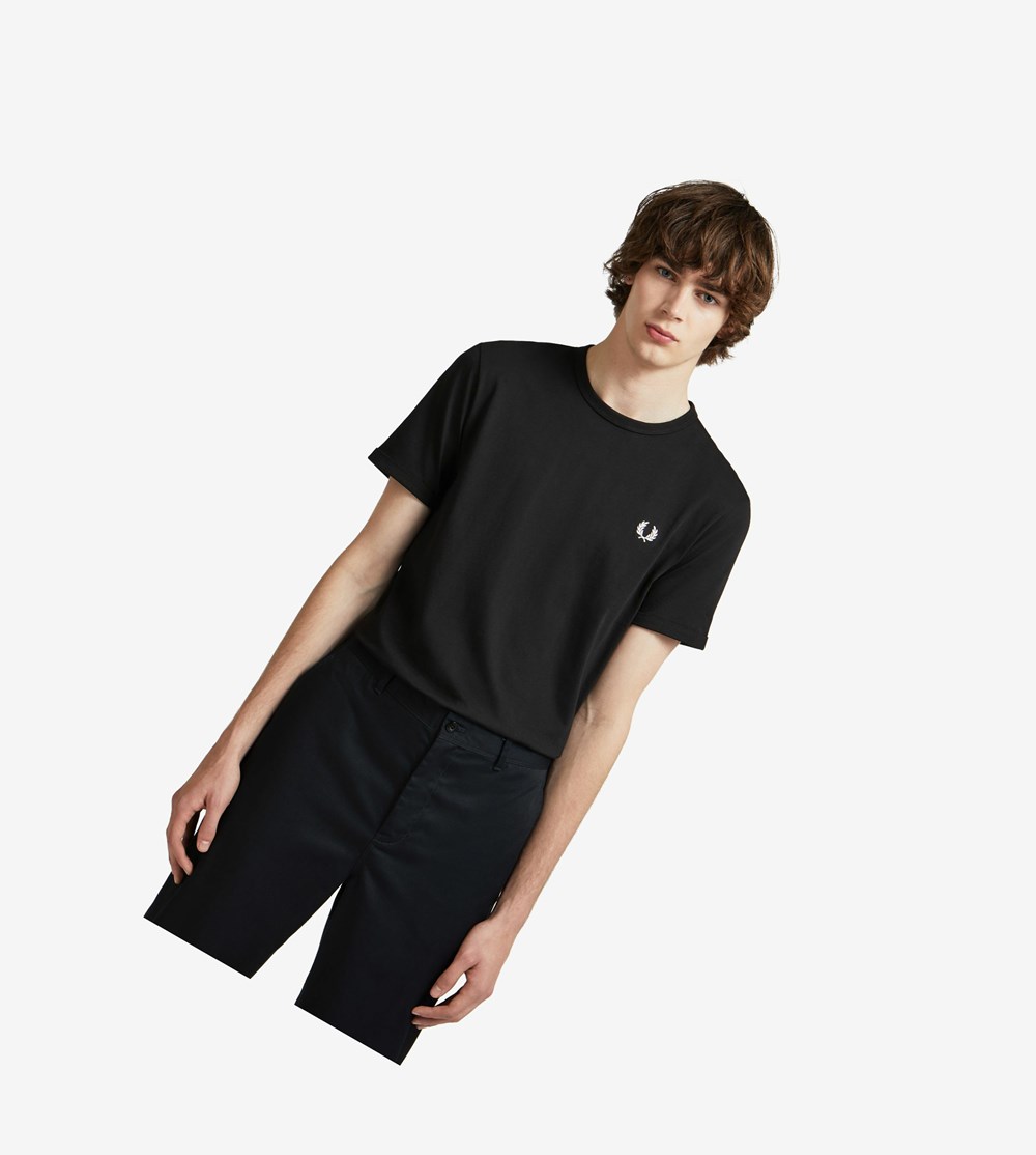 Black Fred Perry Ringer Men's T Shirts | JEXHU-2581