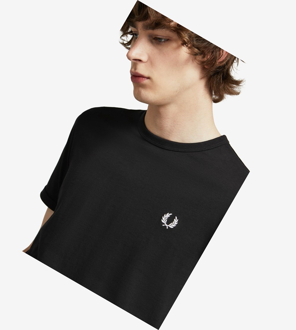 Black Fred Perry Ringer Men\'s T Shirts | JEXHU-2581