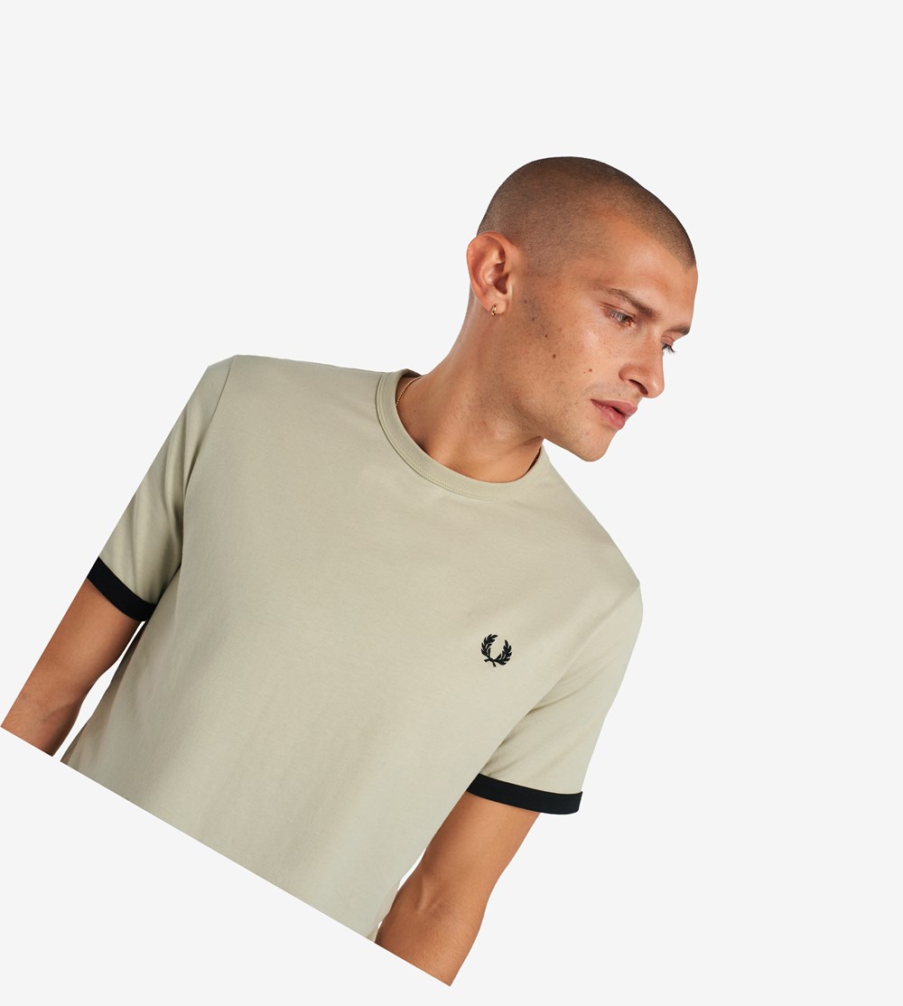 Black Fred Perry Ringer Men's T Shirts | NIBZD-9781