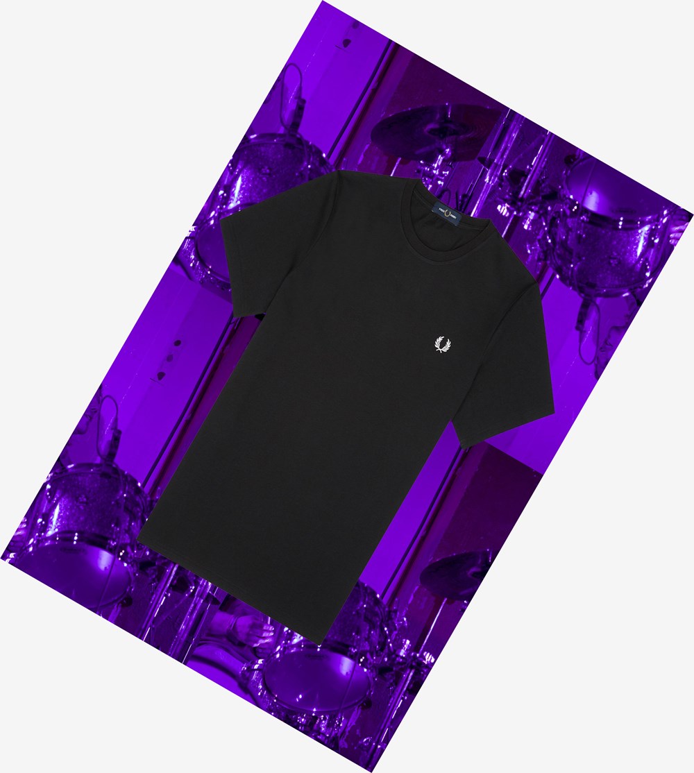 Black Fred Perry Seoul Ringer Men's T Shirts | OXZBS-1496