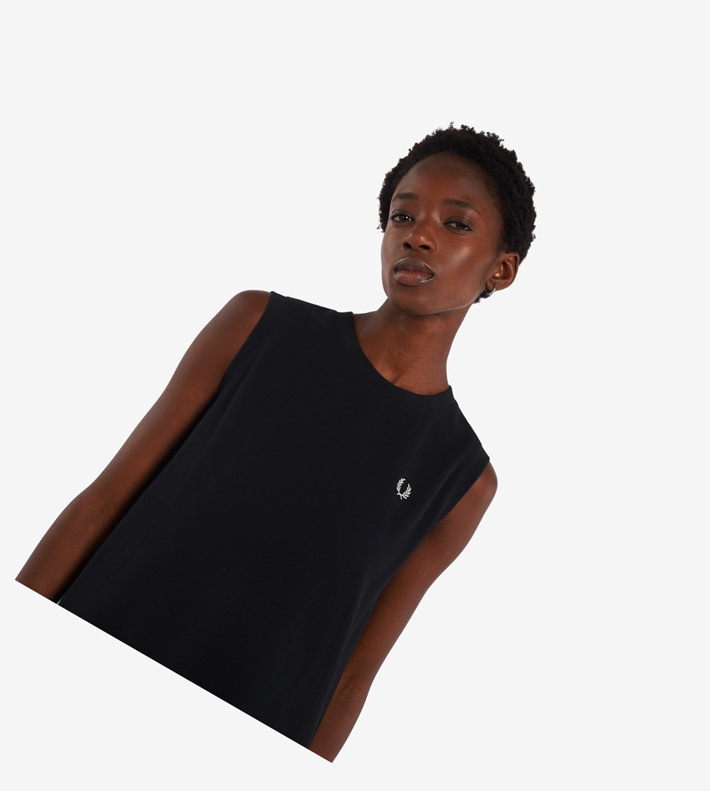 Black Fred Perry Sleeveless Ringer T-Shirt Women's Dresses | WJVTN-9081