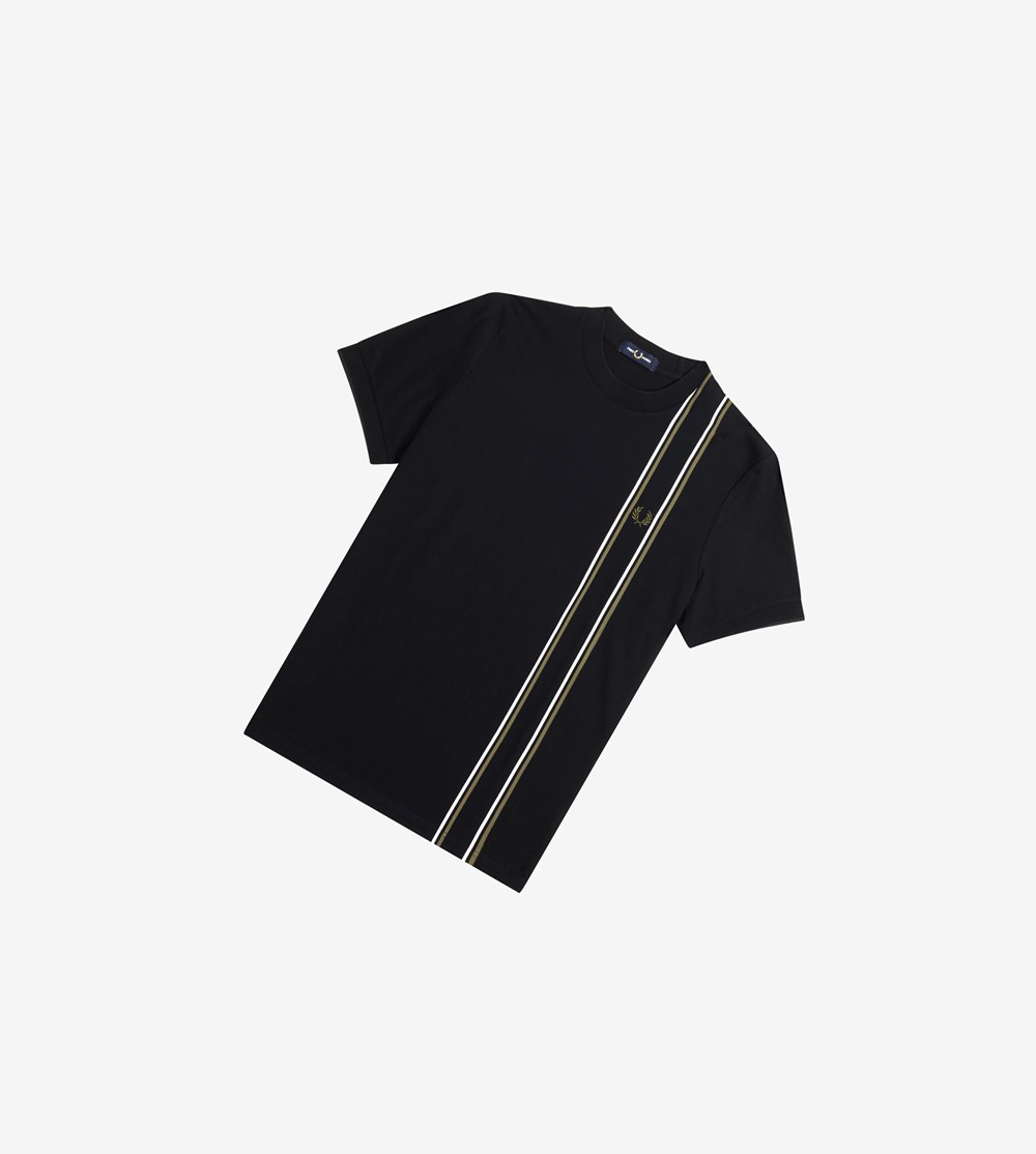 Black Fred Perry Stripe Panel Piqué Men's T Shirts | TQJOR-5076