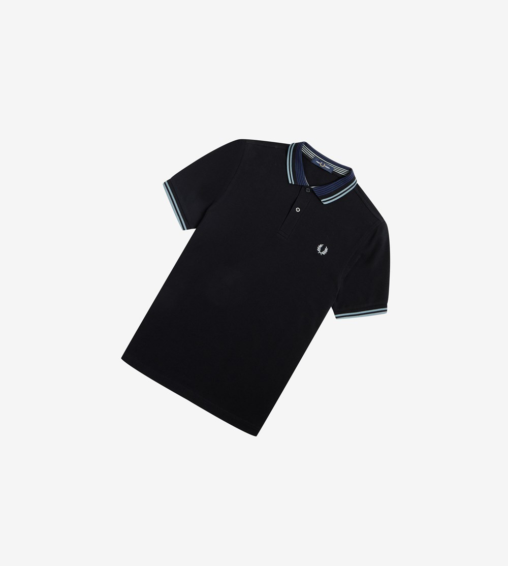 Black Fred Perry Striped Collar Men's Polo Shirts | KJGPM-5147