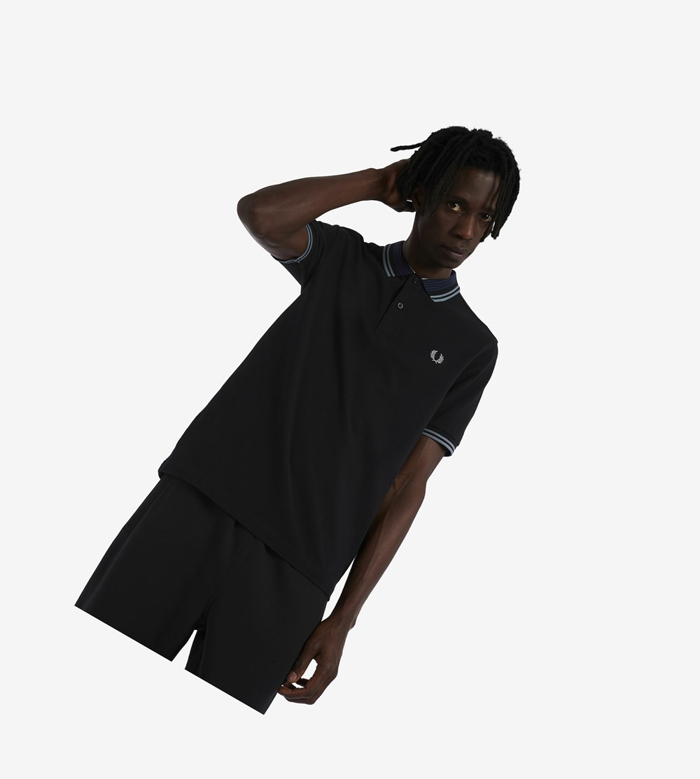 Black Fred Perry Striped Collar Men's Polo Shirts | KJGPM-5147