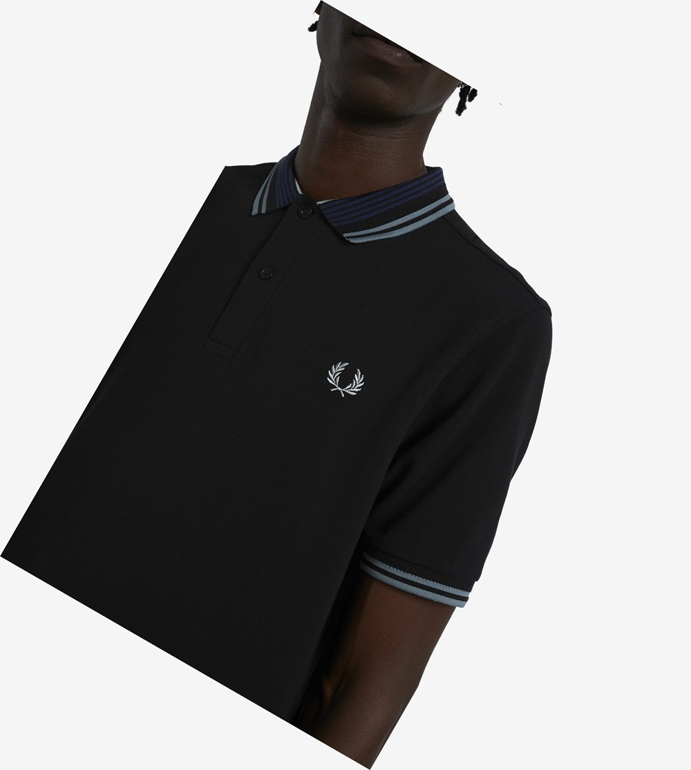 Black Fred Perry Striped Collar Men's Polo Shirts | KJGPM-5147