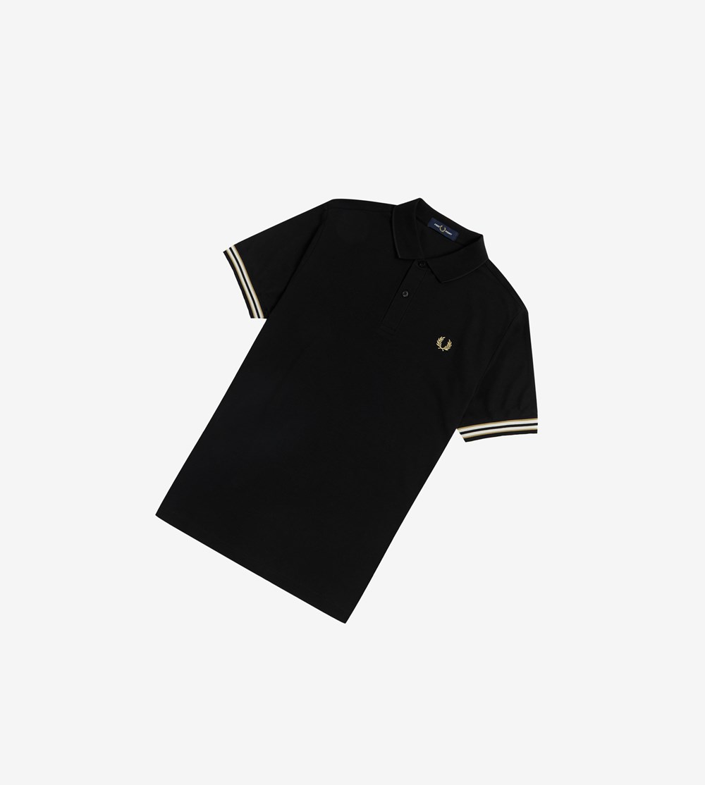 Black Fred Perry Striped Cuff Men's Polo Shirts | PROQK-4108