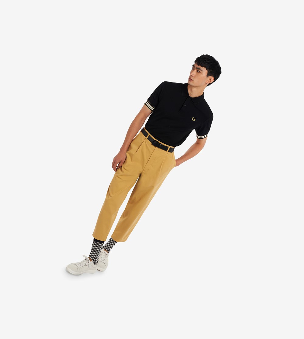 Black Fred Perry Striped Cuff Men's Polo Shirts | PROQK-4108