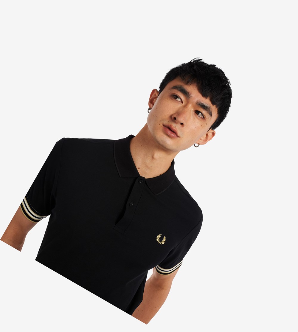 Black Fred Perry Striped Cuff Men's Polo Shirts | PROQK-4108