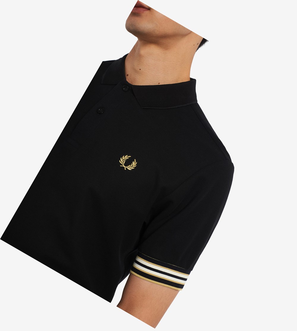 Black Fred Perry Striped Cuff Men's Polo Shirts | PROQK-4108