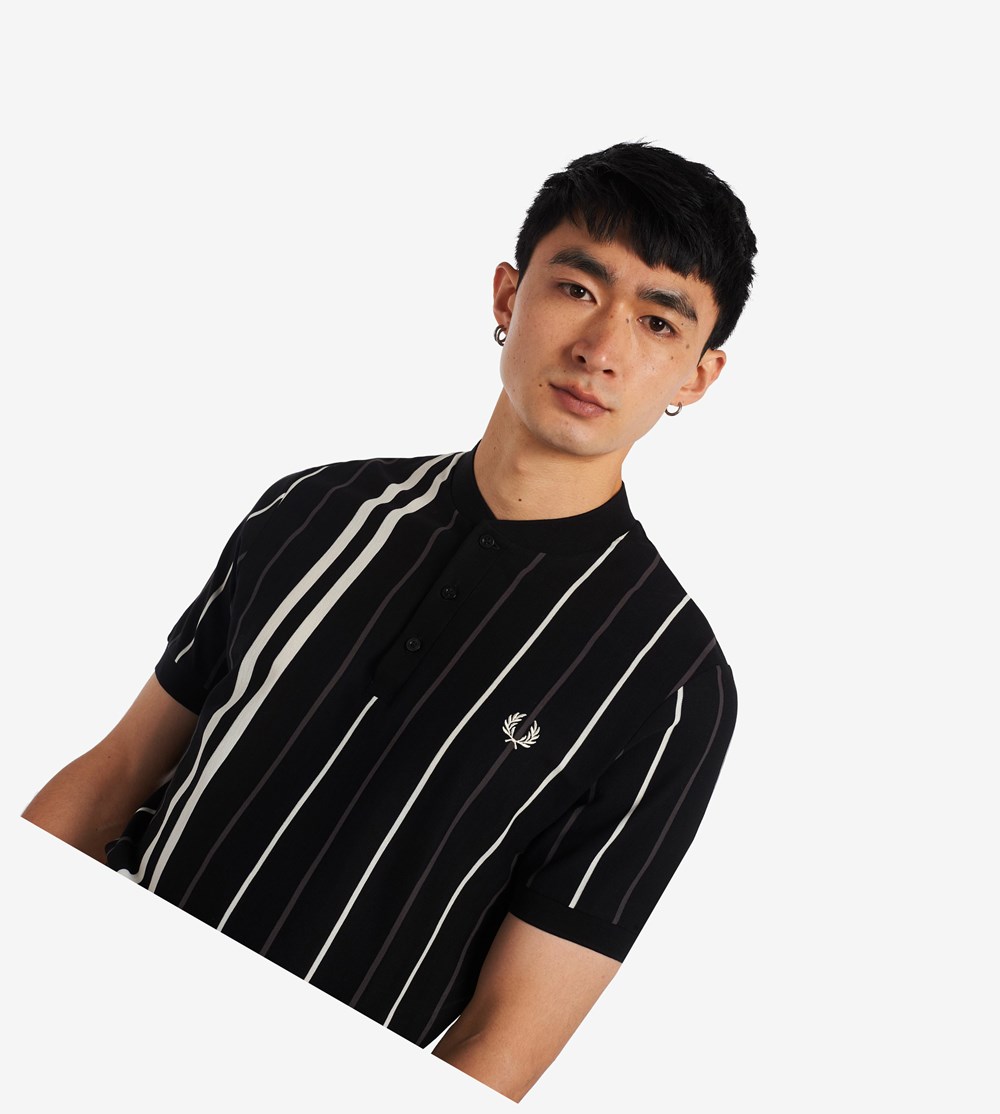 Black Fred Perry Striped Henley Men's Polo Shirts | PZMUB-9014