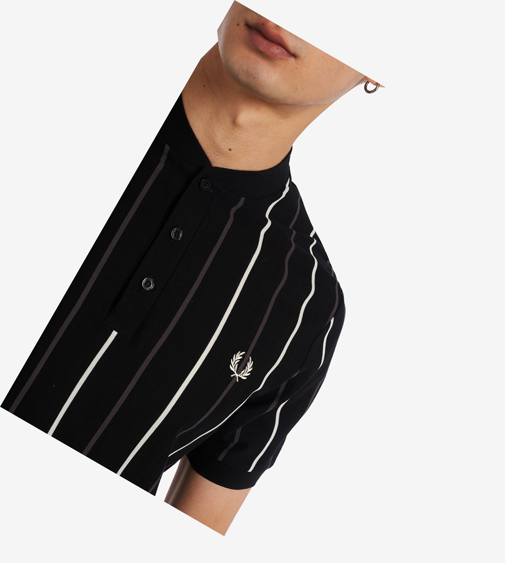 Black Fred Perry Striped Henley Men's Polo Shirts | PZMUB-9014