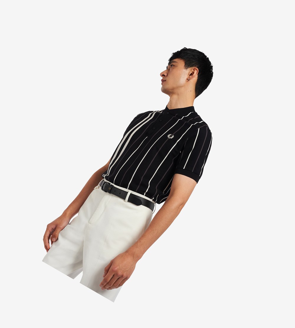 Black Fred Perry Striped Henley Men\'s Polo Shirts | PZMUB-9014