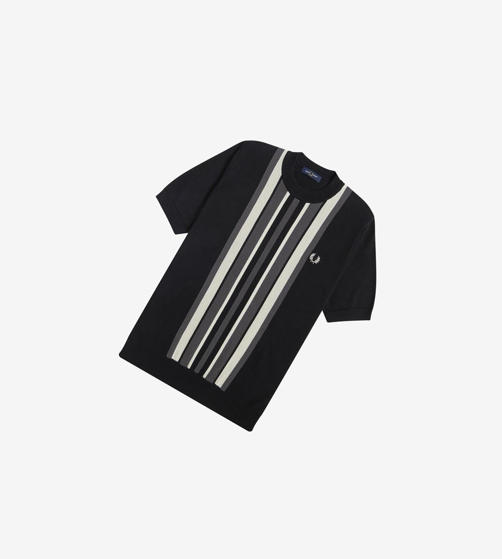 Black Fred Perry Striped Knitted T-Shirt Men's Knitwear | KPXSI-0981