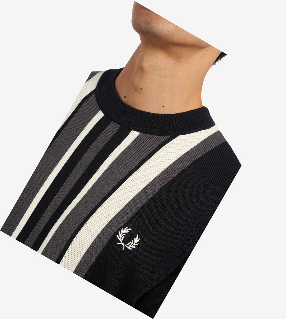 Black Fred Perry Striped Knitted T-Shirt Men's Knitwear | KPXSI-0981