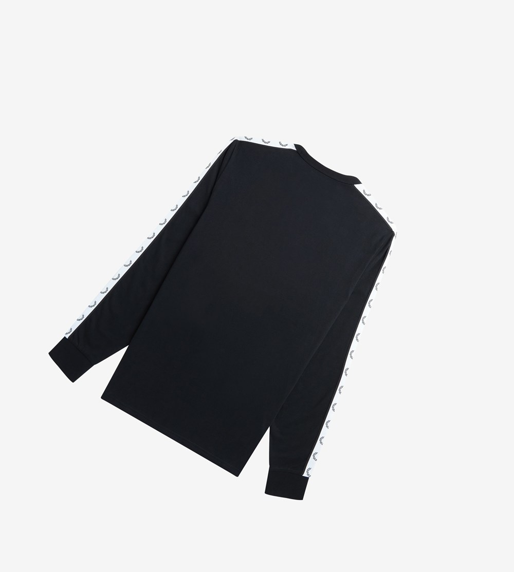 Black Fred Perry Taped Long Sleeve Men's T Shirts | CAGPZ-3501