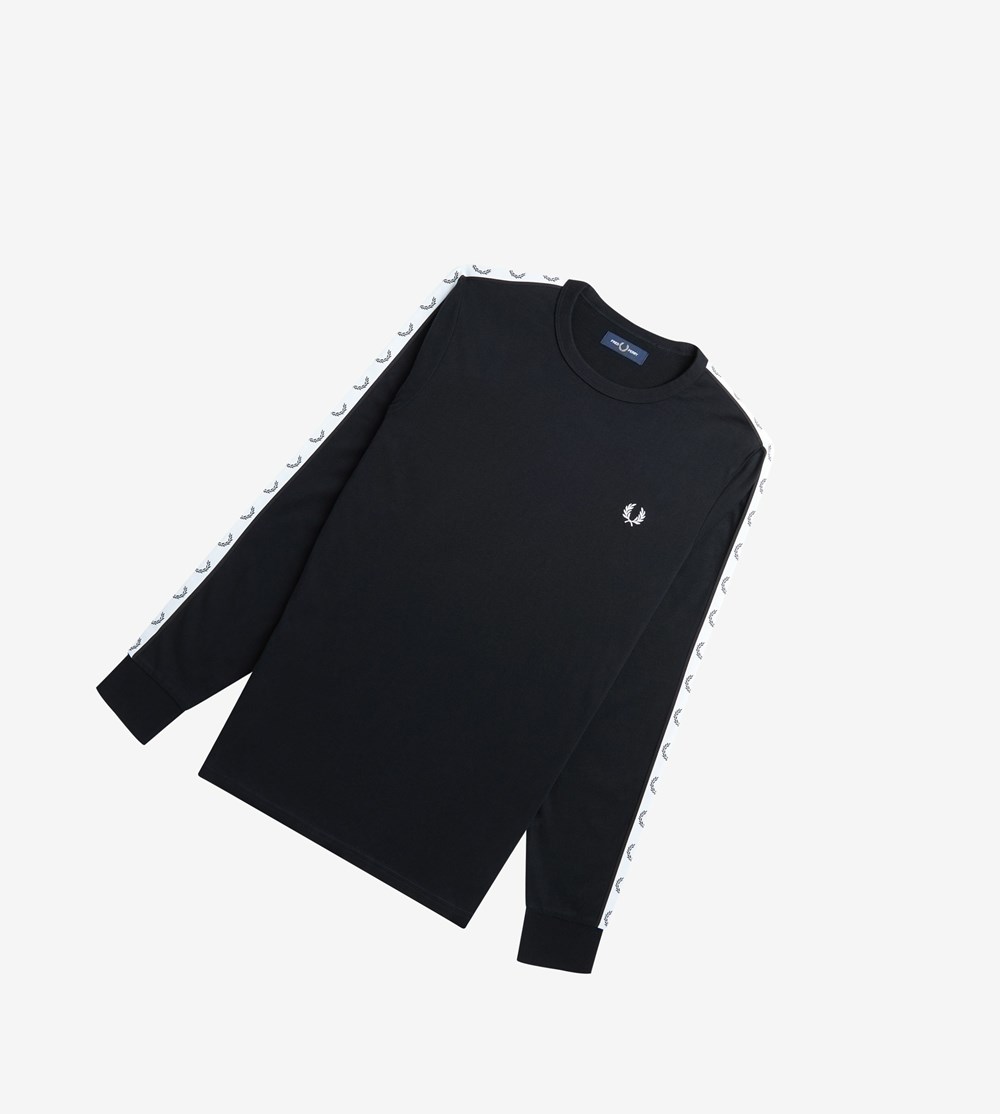 Black Fred Perry Taped Long Sleeve Men\'s T Shirts | CAGPZ-3501