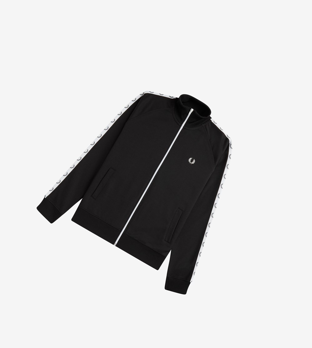 Black Fred Perry Taped Men\'s Track Jacket | AXDHS-1467