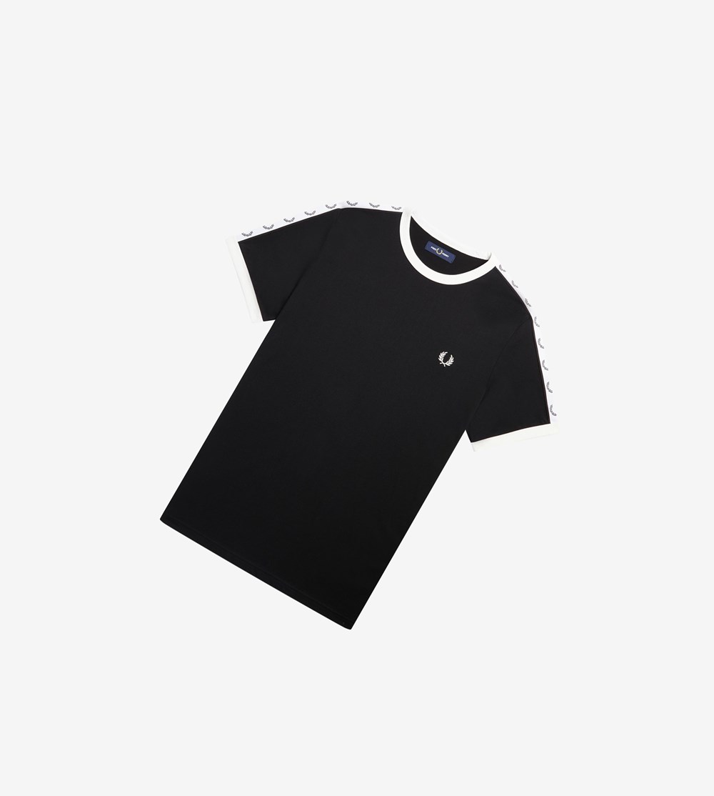 Black Fred Perry Taped Ringer Men\'s T Shirts | EFHMA-0153