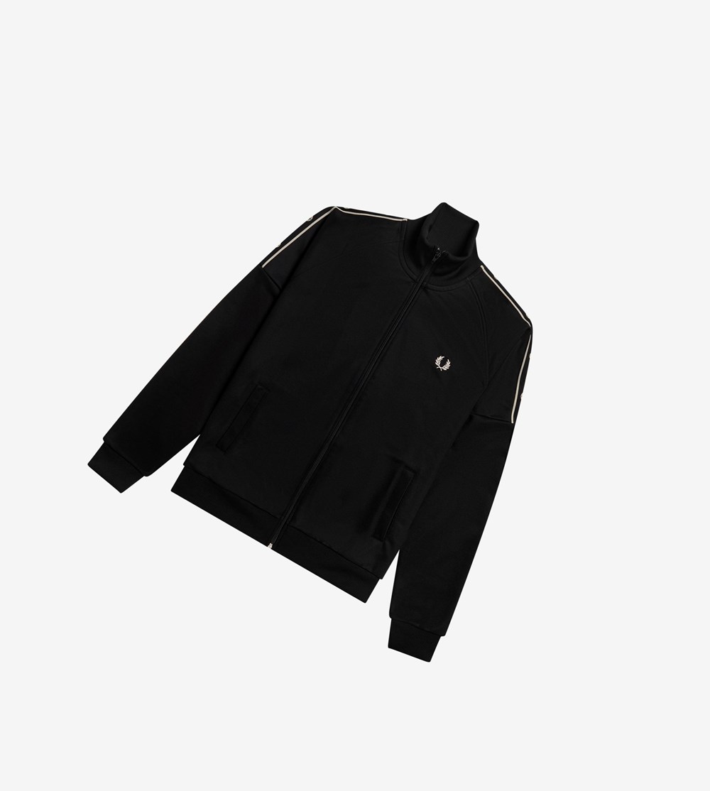 Black Fred Perry Taped Sleeve Men's Track Jacket | FXPKD-6428