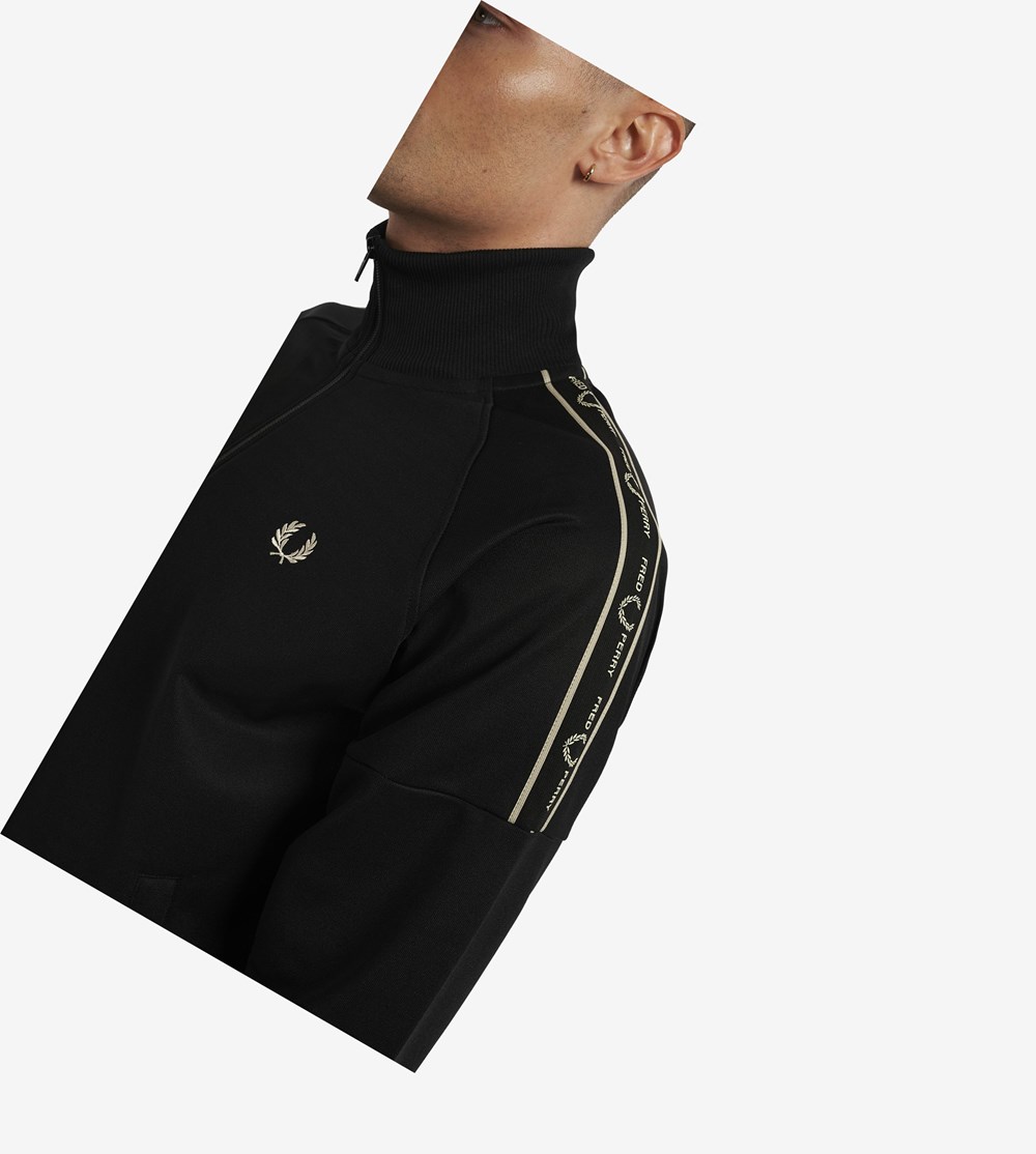 Black Fred Perry Taped Sleeve Men's Track Jacket | FXPKD-6428