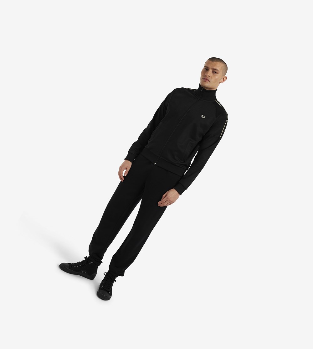 Black Fred Perry Taped Sleeve Men's Track Jacket | FXPKD-6428