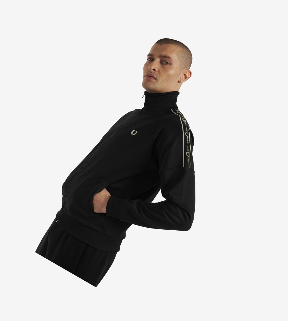 Black Fred Perry Taped Sleeve Men\'s Track Jacket | FXPKD-6428