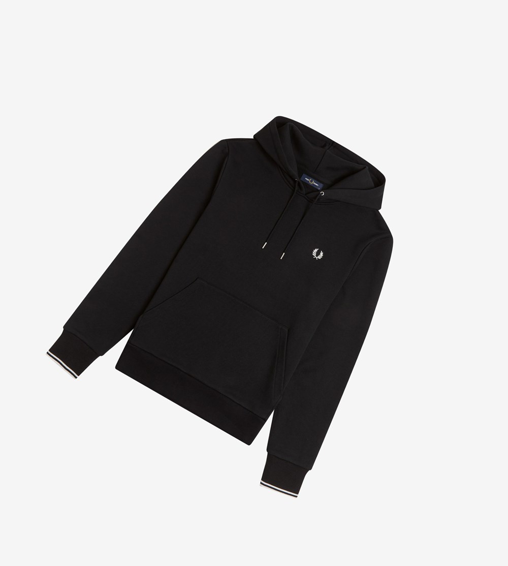 Black Fred Perry Tipped Hooded Men's Sweatshirt | LKAFU-6547