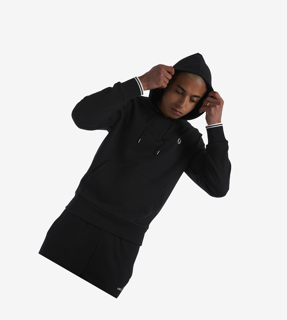 Black Fred Perry Tipped Hooded Men's Sweatshirt | LKAFU-6547