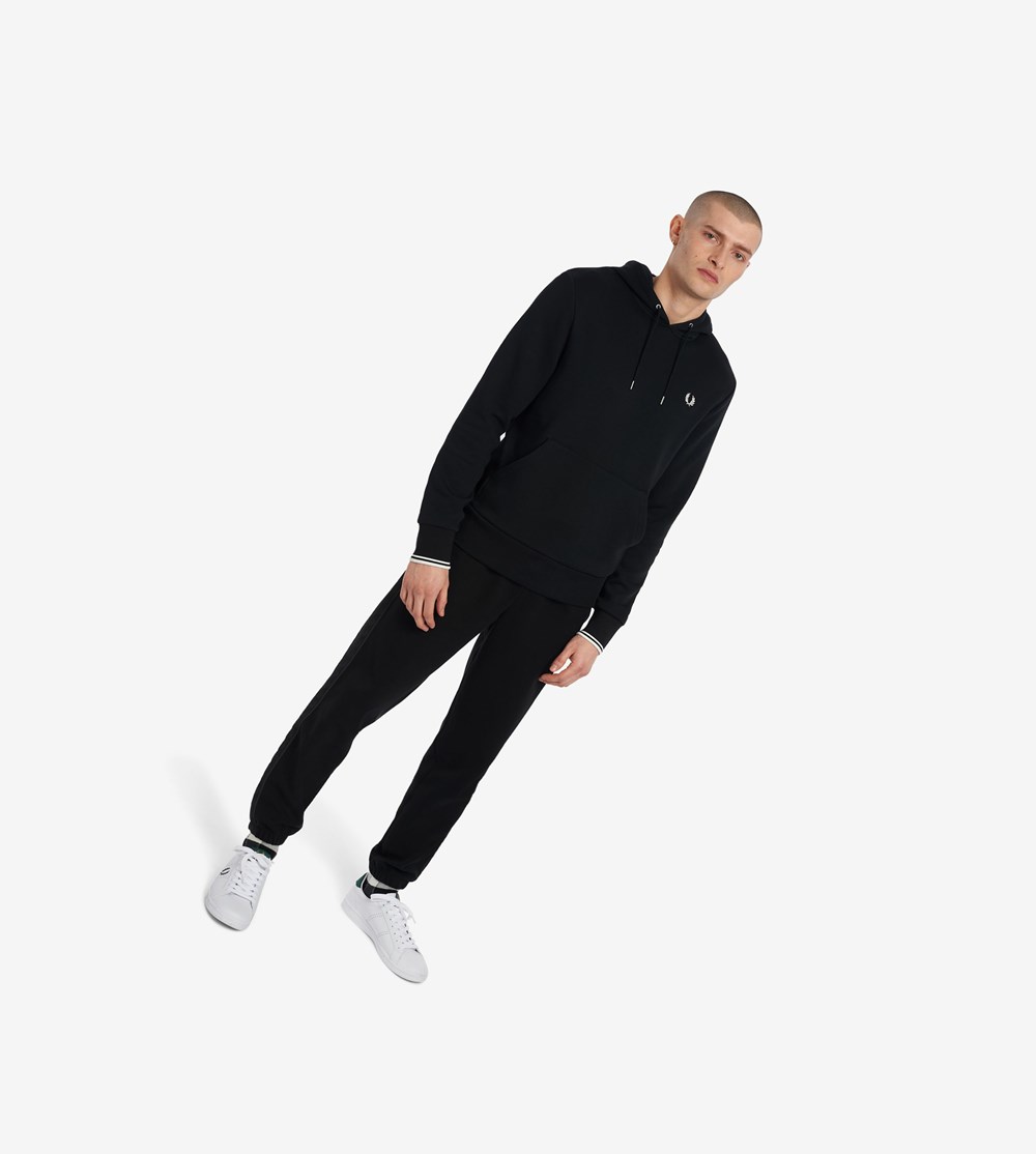 Black Fred Perry Tipped Hooded Men's Sweatshirt | LKAFU-6547