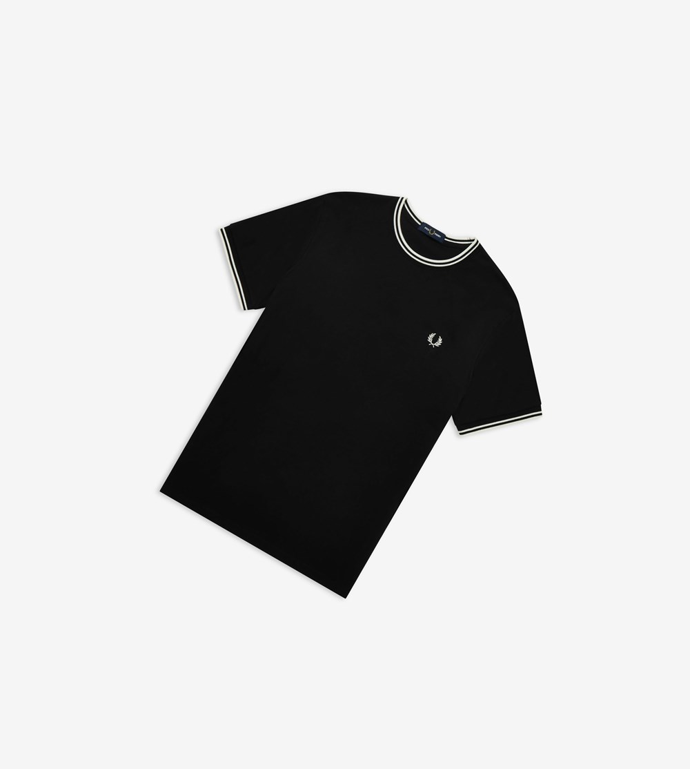 Black Fred Perry Twin Tipped Men's T Shirts | TXLCF-2745