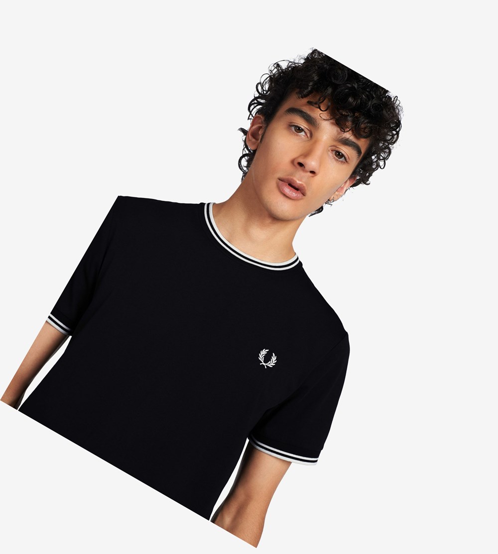 Black Fred Perry Twin Tipped Men's T Shirts | TXLCF-2745