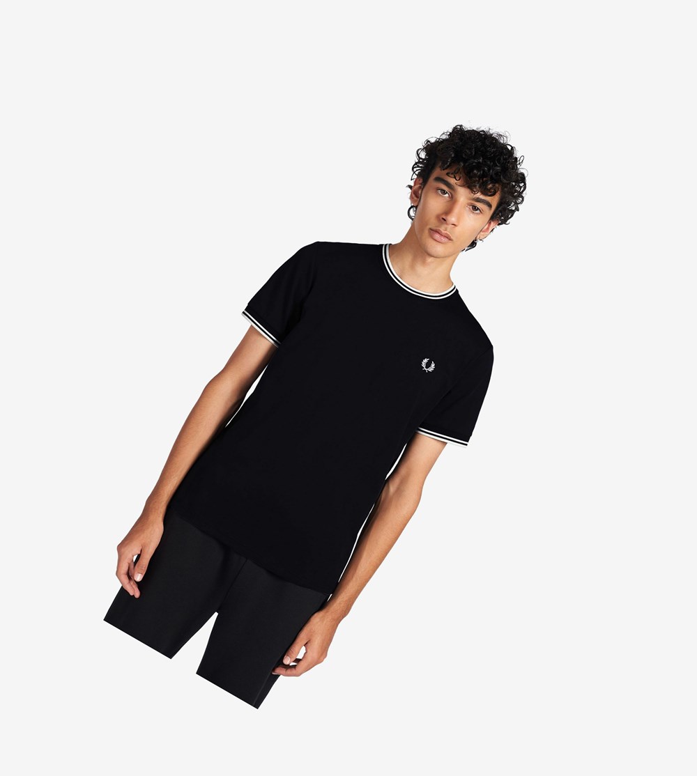 Black Fred Perry Twin Tipped Men's T Shirts | TXLCF-2745