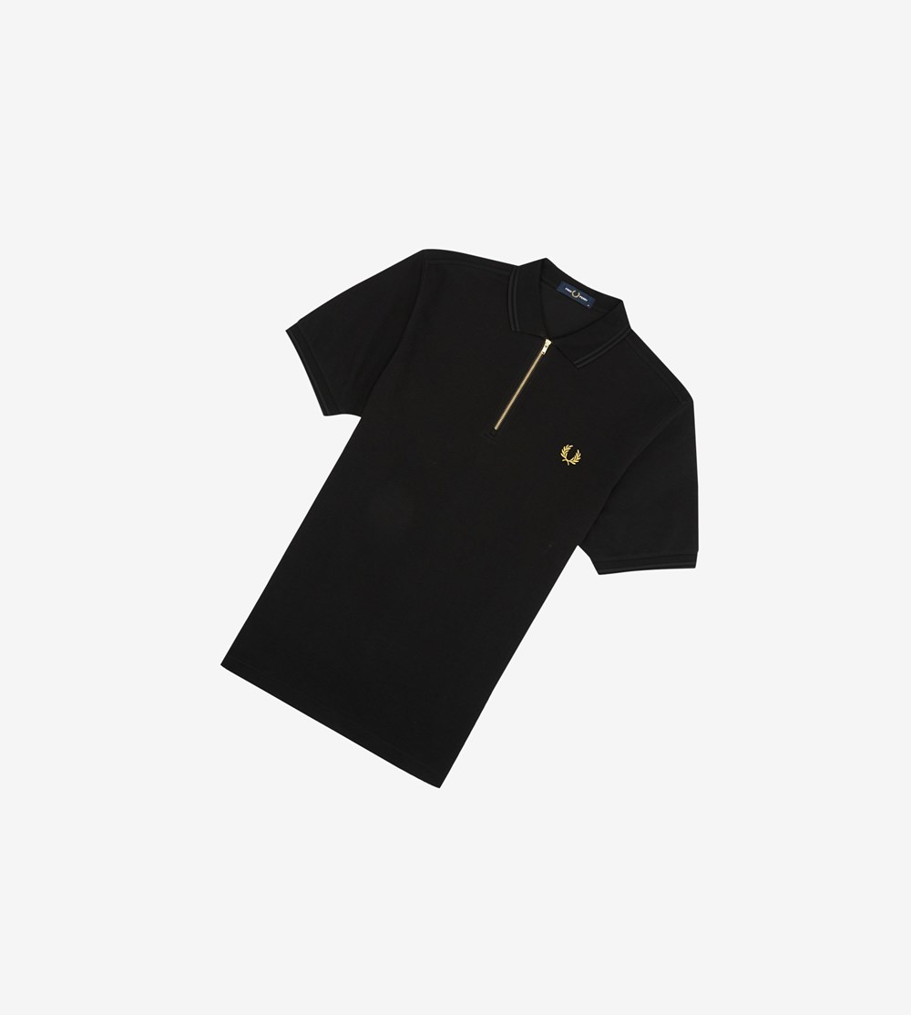 Black Fred Perry Zip Neck Men's Polo Shirts | MHFBZ-0598