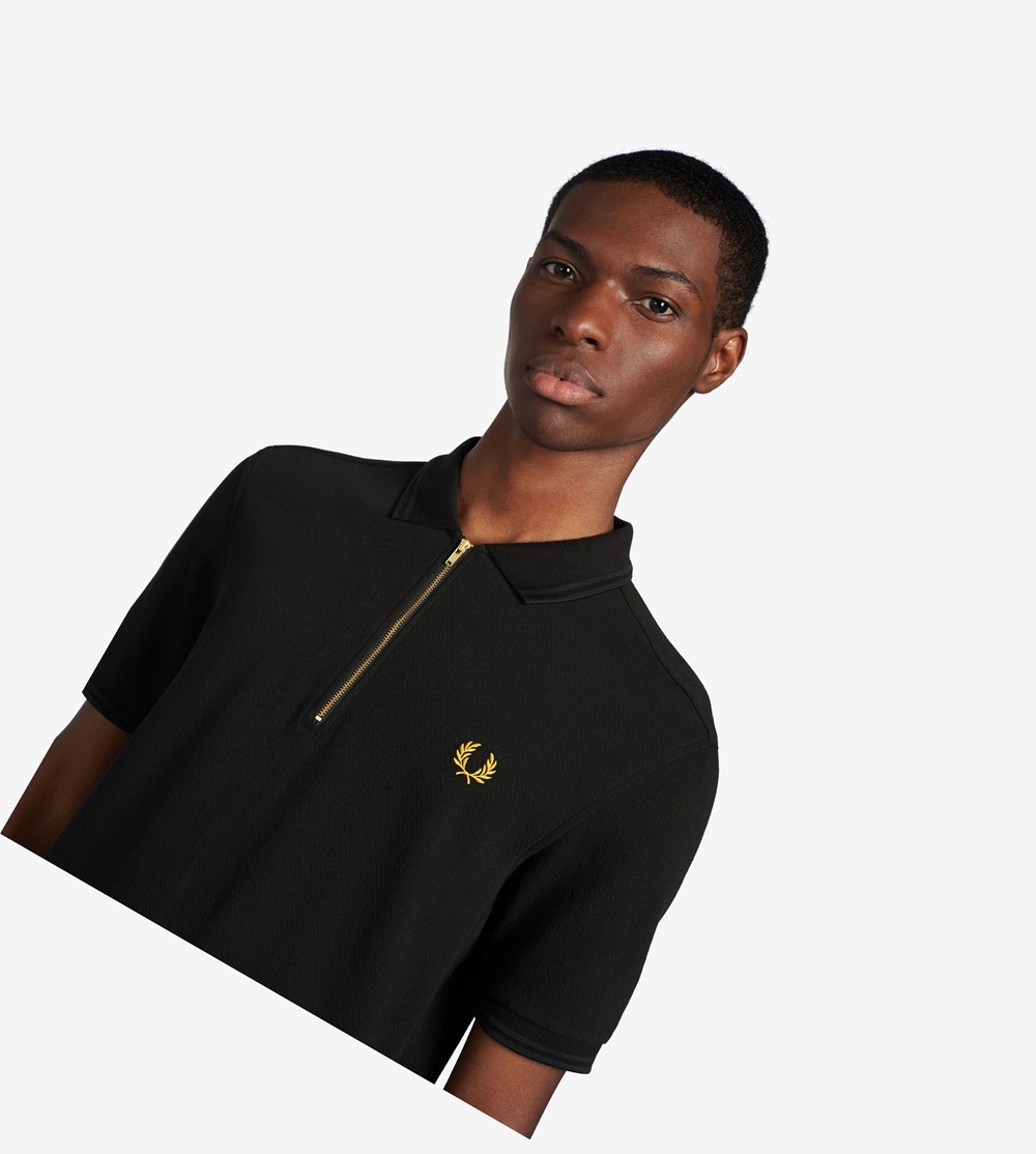 Black Fred Perry Zip Neck Men's Polo Shirts | MHFBZ-0598